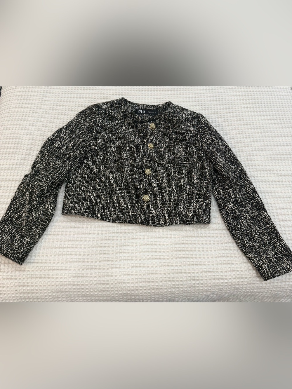 Zara Black & White Tweed Cropped Jacket with Gold Buttons